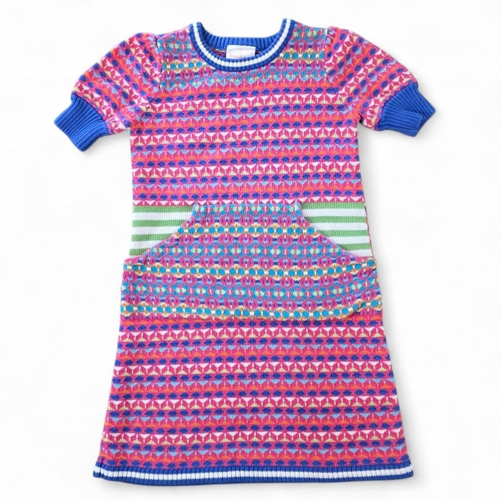Hanna Andersson Girls 120 (7) Fair Isle Knit Dress Pink Blue Green Cotton